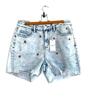 NWT Judy Blue Women’s Light Blue High-Waisted Cherry Embroidered Shorts 1XL